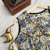 Vriksham Premium Floral Printed Readymade Sleeveless  Blouse-Kalamkari Print-Yellow with Blue-VS4529